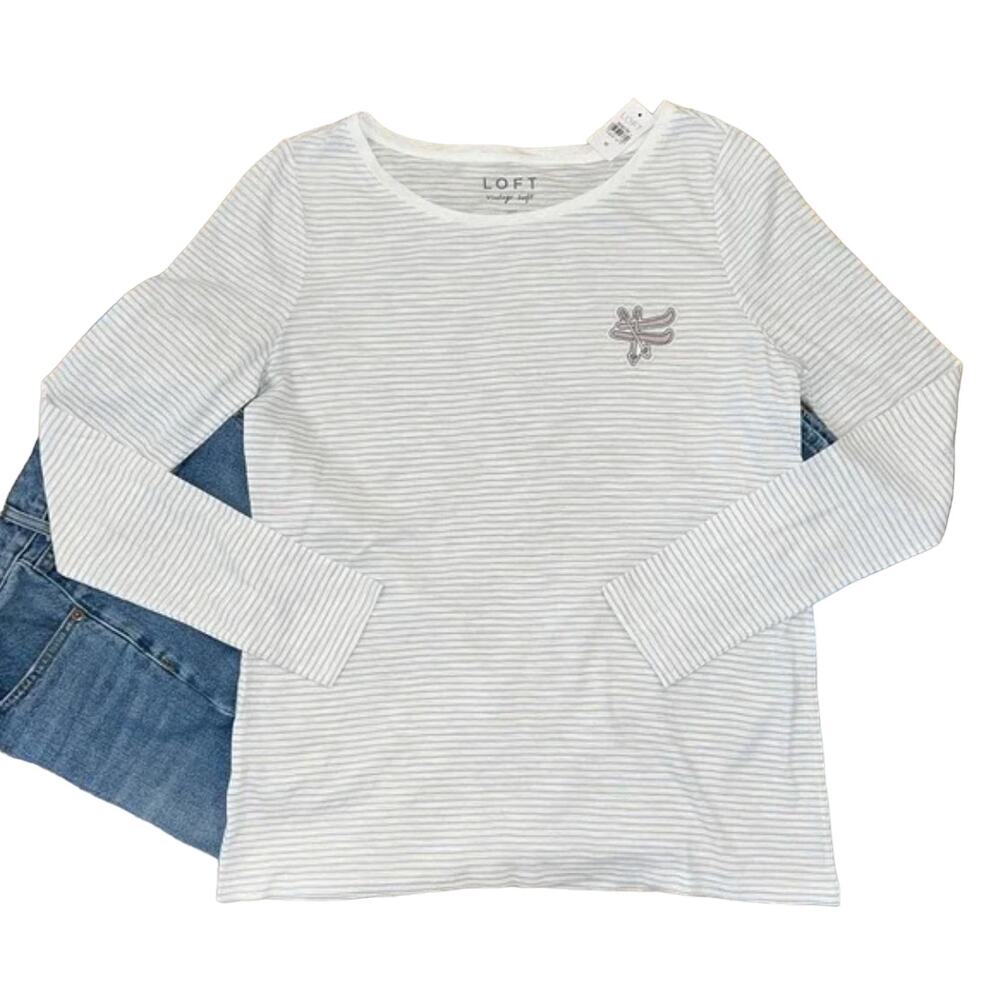 NWT LOFT White & Grey Striped W/Ski Applique Long Sleeve Cotton Tee
